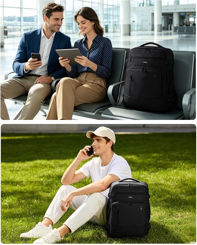 ECOHUB 19" Large Travel Backpack, Carry on Luggage Airline Approved, Water Resistant Rucksacks Fit 15.6" Laptop, AirTag Pocket, Lightweight Casual Daypack, 34L, Black - Image 8