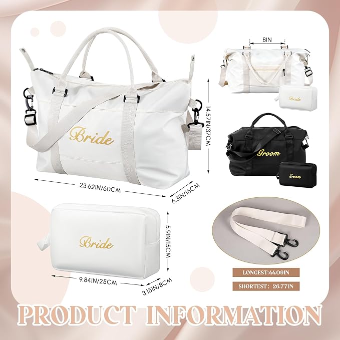 Sanwuta 4 Pcs Bride Groom Duffel Bag Set 2 Honeymoon Travel Bags with 2 Toiletry Pouches Weekender Gym Tote for Couple Wedding Engagement Valentines His Hers Gifts Bridal Shower Gifts - Image 2