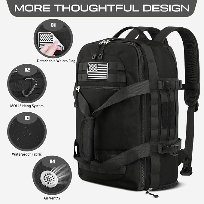 Gym Bags for Men Women, Carry On Luggage 22x14x9 Airline Approved, Tactical Duffle Bag with Shoe Compartment, 3 in 1 Carry on Travel Backpack with Wet Pocket, Weekender Overnight Bag, Black - Image 4