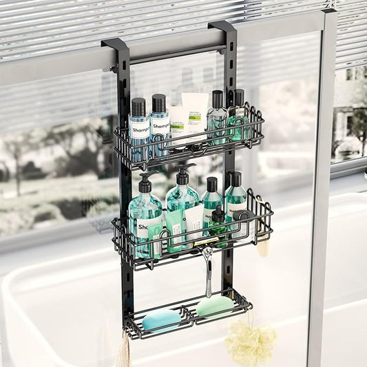 HapiRm 3 Tier Over the Door Shower Caddy, Hanging Shower Caddy with 16 Hooks and 2 Soap Holders, No Drilling Adjustable Hanging Bathroom Organizer - Black by HapiRm