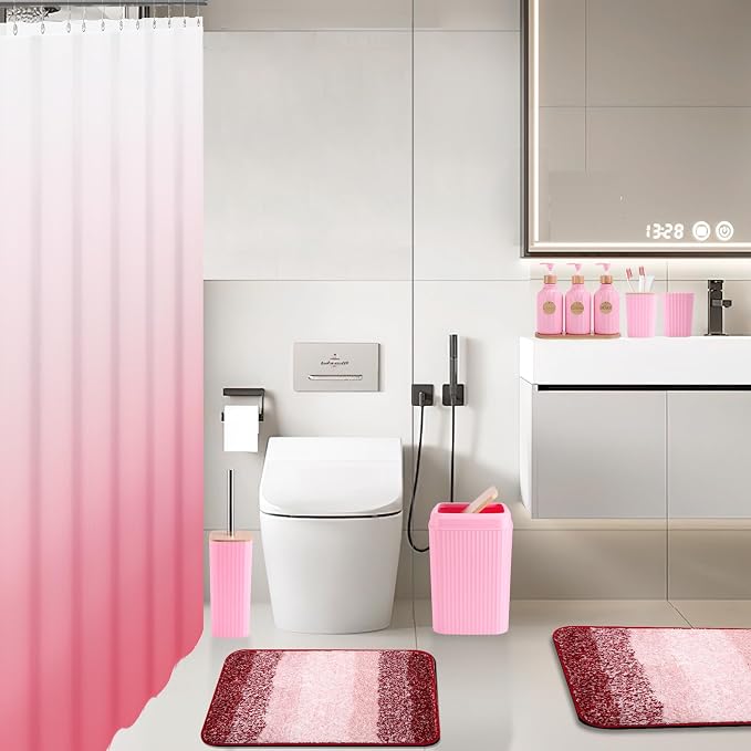 XLHOMO Bathroom Accessories,Bathroom Set with Shower Curtain,Rugs,Trash Can,Lotion Soap Dispenser,Toothbrush Holder,Soap Dish, Tags with Tray（Pink1 ），（Bath Set+Shower Curtain+Bath Rugs） - Image 7