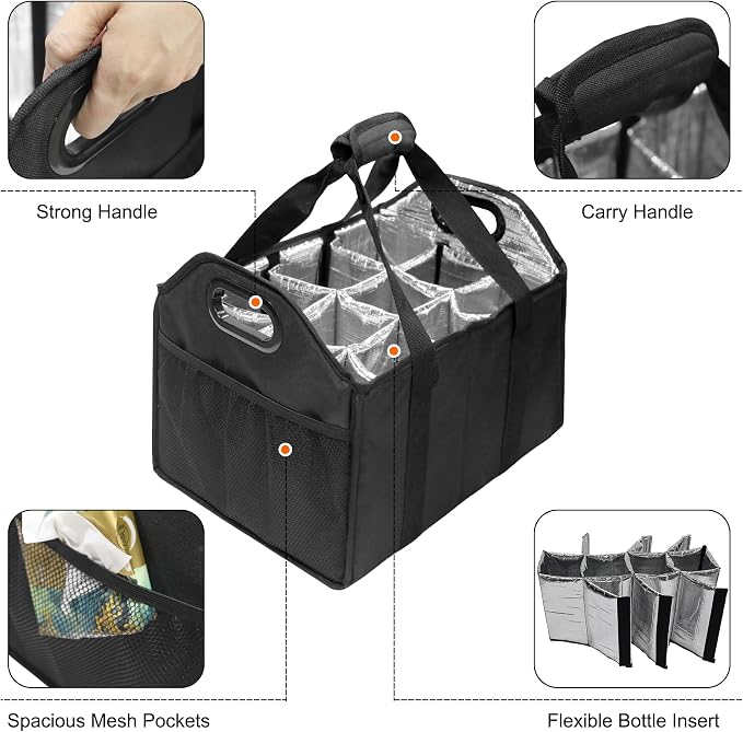 12 Bottle Wine Carrier Collapsible Bottle Caddy with Handles Storage Box for Travel Picnics Weddings Shopping Wine Tasting (Black) - Image 4