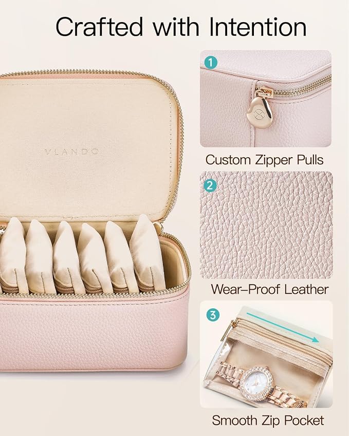 VLANDO Gifts for Women, Jewelry Box with 8 Velvet Jewelry Bags Travel Jewelry Case for Women Girls Jewelry Organizer Necklace Rings Earrings Bags Gift Ideas for Birthday Bride (Pink) - Image 3