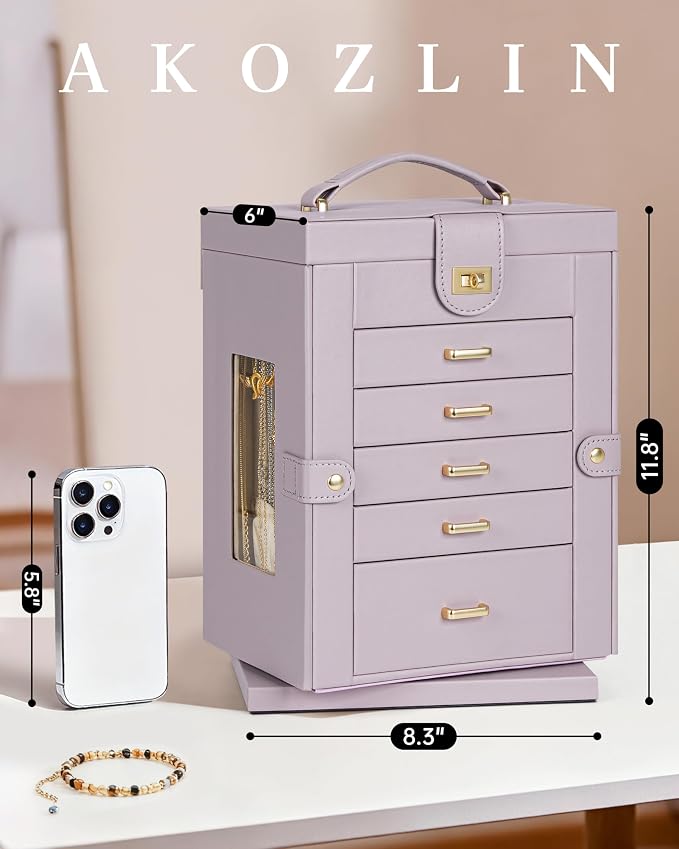 AKOZLIN 6-Tier Jewelry Box Organizer Functional 5 Drawers Leather Jewelry Storage Case for Women Girls Ring Necklace Earring Bracelet Holder Organizer with Mirror Purple 360° Rotating - Image 2