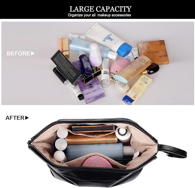 Abiudeng Large Capacity Makeup Bag Ladies Cosmetic Bag Travel Bag with Compartments Portable PU Leather Travel Makeup Bag with Handle - Image 4