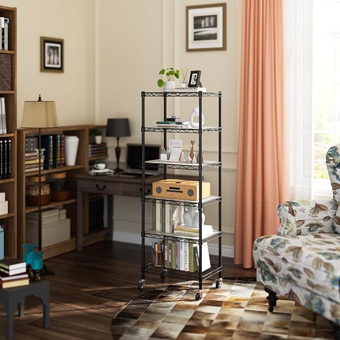 Golpart Small 6 Tier Shelves Storage Wire Shelving Unit Metal Shelf Adjustable Organizers Storage Shelving with Wheels for Bathroom Laundry Room Kitchen Pantry11.7”D x 17.7”W”W x 61.6”H Black - Image 2