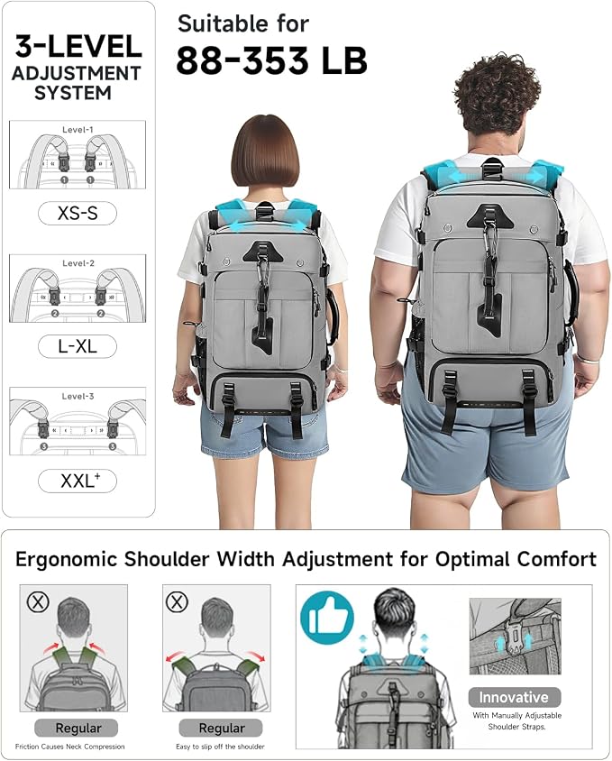 Travel Backpack for Men, 40L Carry on Backpack For Camping,Weekender Grey | Large Carry On, Convertible Duffle Bag, Shoe Compartment, Fits 16 Inch Laptop, Durable - Image 5