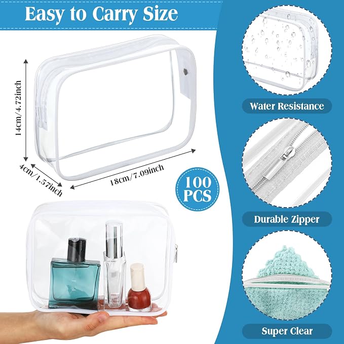 Sanwuta 100 Pcs Clear Makeup Bags Bulk Toiletry Bag for Travel Transparent Cosmetic Bag PVC Waterproof Travel Small Pouches with Zipper for Men and Women (White) - Image 3