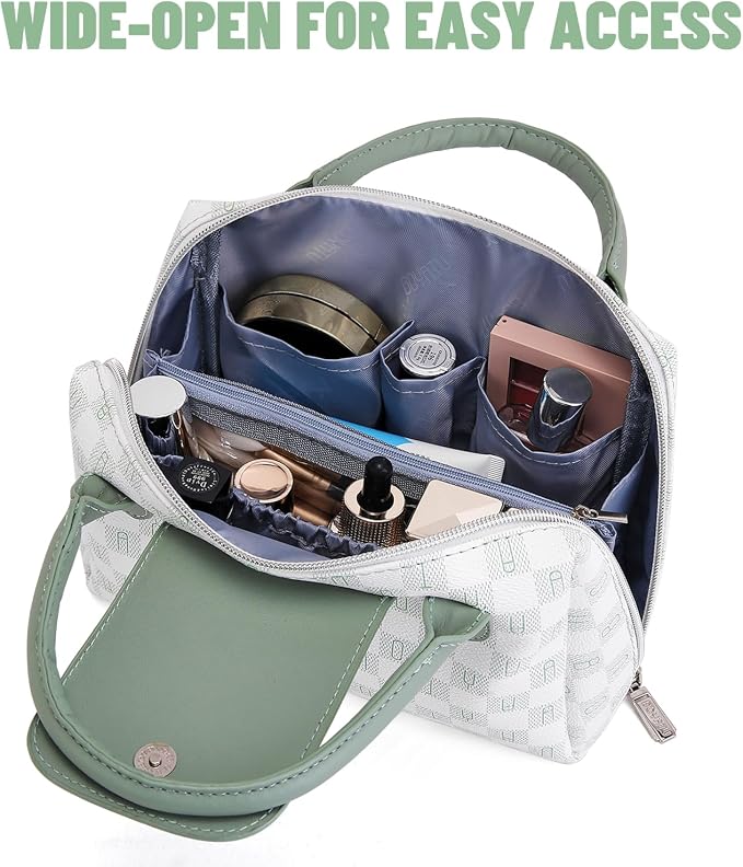 BOYATU Checkered Makeup Bag Organizer with Handle: Large Travel Cosmetic Bag Holds 10+ 100ml Full-Size Bottles for Date & Trip - Waterproof Leather Toiletry Pouch 3-sec Touch-up for Chic Woman(Green) - Image 4