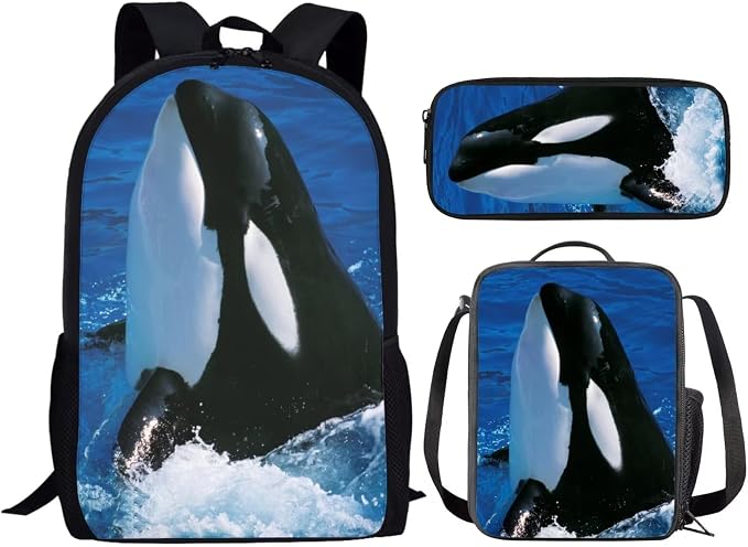 Girls Boys School Backpack with Lunch Box Pencil Case Comfy Padded Lightweight Killer Whale Backpack Set Kids Cute Bookbag Insulated Lunch Bag Student Large Capacity Daypack 17 Inch - Image 2