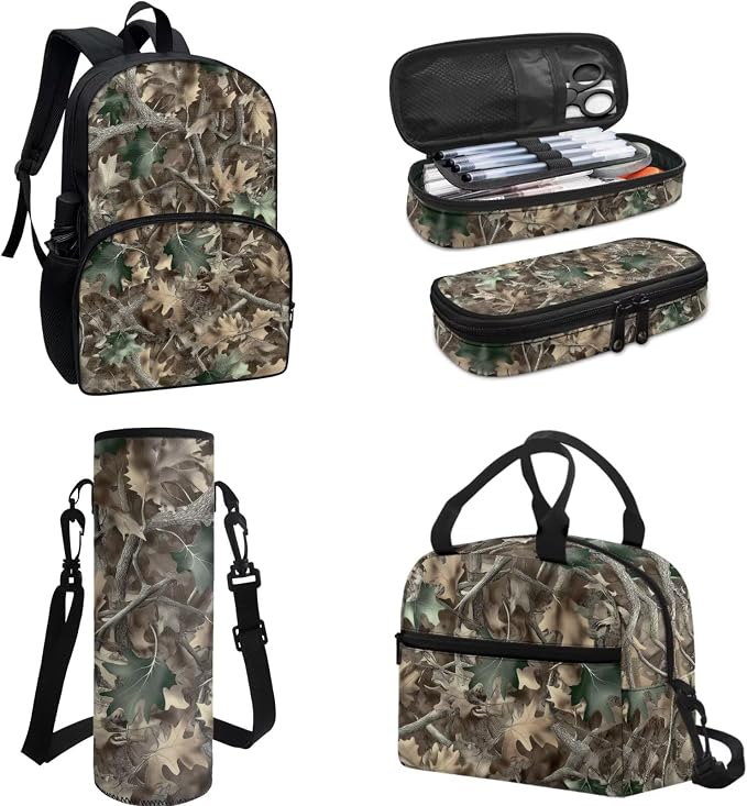 Classic Oak Camouflage Print Backpack for Boys with Lunch Box Cooler Water Bottle Sleeve Cover Small Portable Pencil Pen Case Back to School Supplies - Image 3