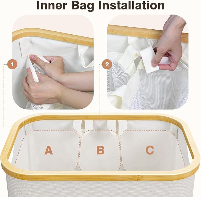 Hampers for Laundry Basket with Lid, 160L Large Laundry Hamper 3 Section | Dirty Clothes Hamper Separator with 3 Removable Bags & 5 Labels, Divided Laundry Organizer for Bedroom, Laundry Room, Beige - Image 3