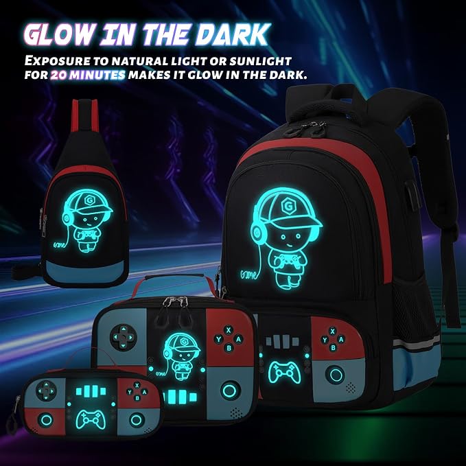 Bevalsa Backpack for School Boys, Cool Luminous Gamer Boys Schoolbag with Sling Bag,Lunch Box & Pencil Case for Kids Children Teens Elementary Middle School(Red Blue Backpack with Shoulder Bag) - Image 3