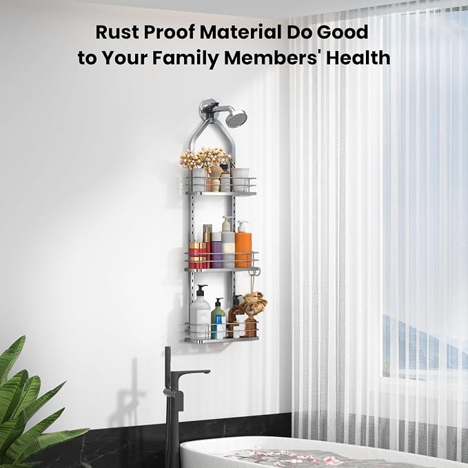 Shower Caddy Hanging (Silver), Adjustable Anti-Swing-Over The Shower Head Caddy, 3 Tier Height Bathroom Storage Organizer Bathroom Shelves Basket Rack Shower Caddies (3Tier) - Image 3