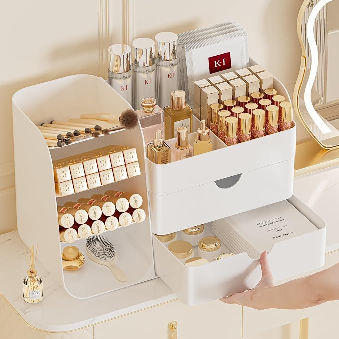 Makeup Organizer with Drawers, Large Capacity Countertop Organizer for Vanity, Bathroom and Bedroom Desk Cosmetics Organizer, Easy To Storage Skincare, Brushes, Eyeshadow, Lipstick (All White) - Image 3