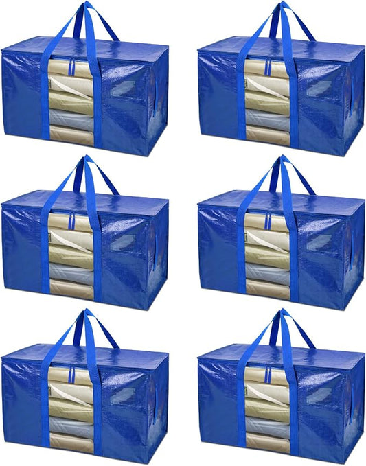 BALEINE 6-Pack Oversized Moving Bags with Reinforced Handles, Heavy-Duty Storage Tote Moving Supplies for Packaging, Camping (Blue w/Window, 6-Pack) by BALEINE