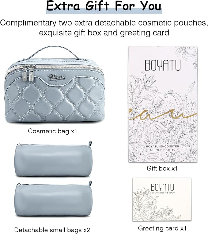 BOYATU Travel Makeup Bags for Women Cosmetic Bag: Puffy Make up Bags Set of 3 - Vegan Leather Makeup Organizer - Waterproof Large Toiletry Bag with Compartments - Travel Essentials (H-4-Blue) - Image 8