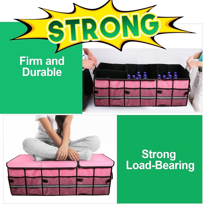 Big Car Trunk Organizer, Cargo Organizer SUV Trunk Storage Non Slip Bottom Waterproof Collapsible Durable Multi Compartments-(Oversize,Pink) - Image 2