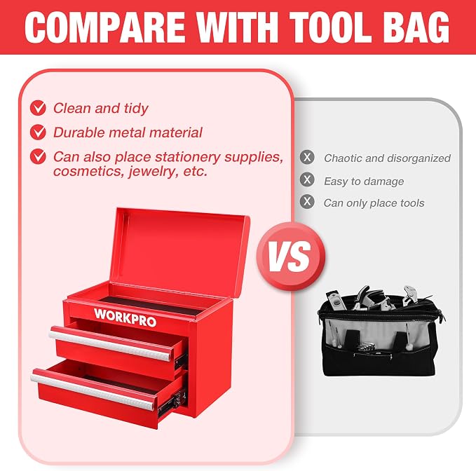 WORKPRO Metal Mini Tool Box with 2 Drawers and Top Storage | Cold Rolled Steel Toolbox, Ball Bearing Slides, PVC Drawer Liners, PP Feet Pads, Durable Storage - Image 5