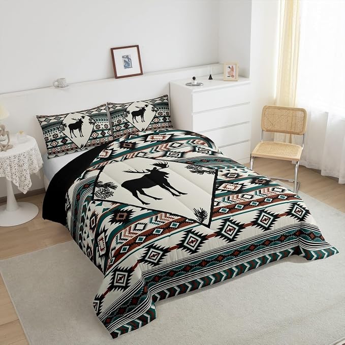 Erosebridal Rustic Moose Comforter Set for Cabin Lodge Southwest Bedding Set Aztec Geometric Tribal Quilt Farmhouse Hunting Animal Duvet Insert with 1 Pillowcase Lightweight Warm,Twin - Image 5