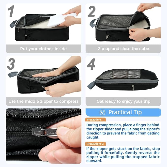 BAGAIL 4 Set/6 Set/8 Set Compression Packing Cubes Travel Accessories Expandable Packing Organizers (Half Mesh, 6-Black) - Image 3