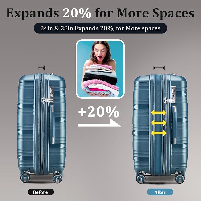 TRAVELEO 4 Piece Luggage Set PP Hardshell, Expandable Suitcase Set (20/24/28) with 14" Cosmetic Case, Lightweight Spinner Wheels with TSA Lock, Detachable Wheels for Nesting Storage (Peacock Blue) - Image 2