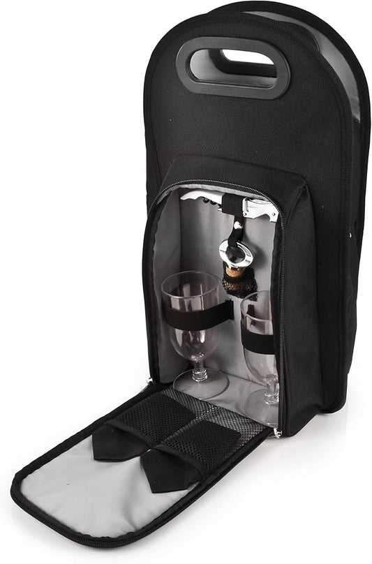 True Metro Insulated Wine Tote with Pockets, Wine Bottle Carrier and Picnic accessory set, wine glasses set of 2, Napkins, Corkscrew, and Bottle stopper, Black, Set of 1 by True