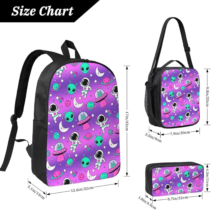 Alien Space Kid Backpack Set with Lunch Bag & Pencil Case Large Capacity School Bag 17 Inch Bookbag for Boy Girl - Image 2