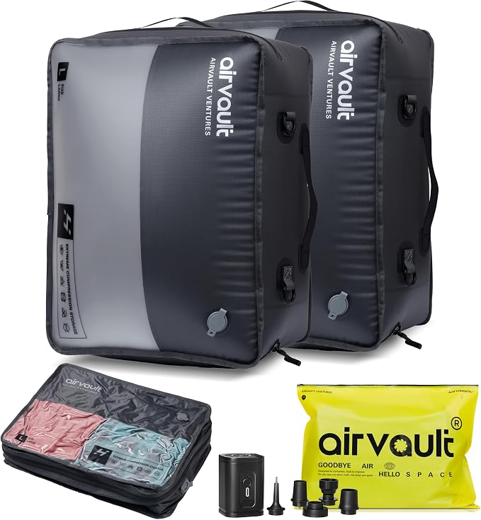 AirVault Reusable Vacuum Compression Travel Bag for Carry-On Suitcase and Backpack, Recycled IPX8 Waterproof Space Saver Vacpack (41L Gray (2-Pack) (Air Pump Included) by AirVault