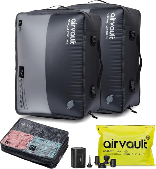 AirVault Reusable Vacuum Compression Travel Bag for Carry-On Suitcase and Backpack, Recycled IPX8 Waterproof Space Saver Vacpack (41L Gray (2-Pack) (Air Pump Included) by AirVault