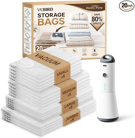 Vacbird Vacuum Seal Bags for Clothing, 20 Pack Vacuum Storage Bags with Rechargeable Cordless Air Pump(5J+5L+5M+5S), Space Saver Bags for Clothes Blanket Duvets Pillows Comforters Travel by Vacbird