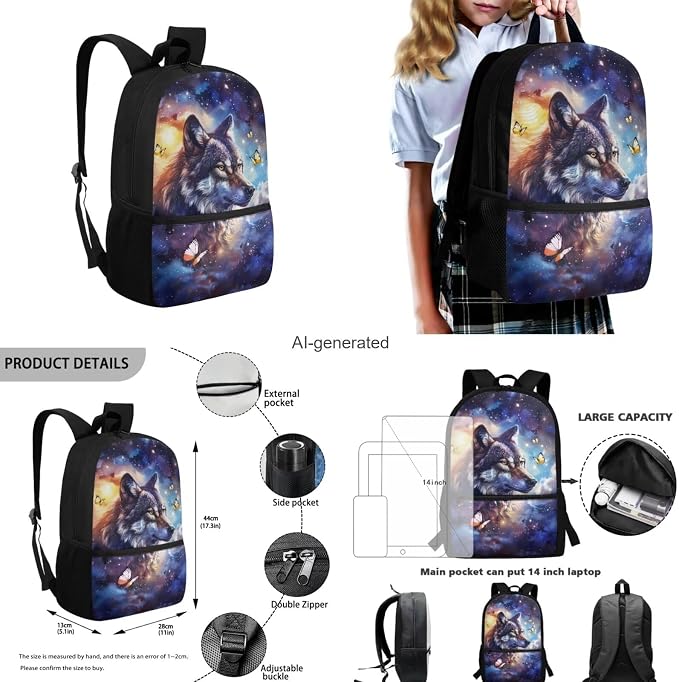 Galaxy Wolf Backpack for Girls Kids Backpack with Lunch Box Water Bottle Carrier with Strap and Soft Pencil Case 4PCS Set Bookbag with Front Pocket for School 17 inch Large Capacity School Bag - Image 3