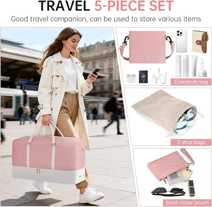 Weekender Bag for Women, 5 Pcs Set Carry on Overnight Bag, 21" Travel Duffel Bag with Waterproof Shoe Compartment for Weekend Travel Business Trip - Image 6