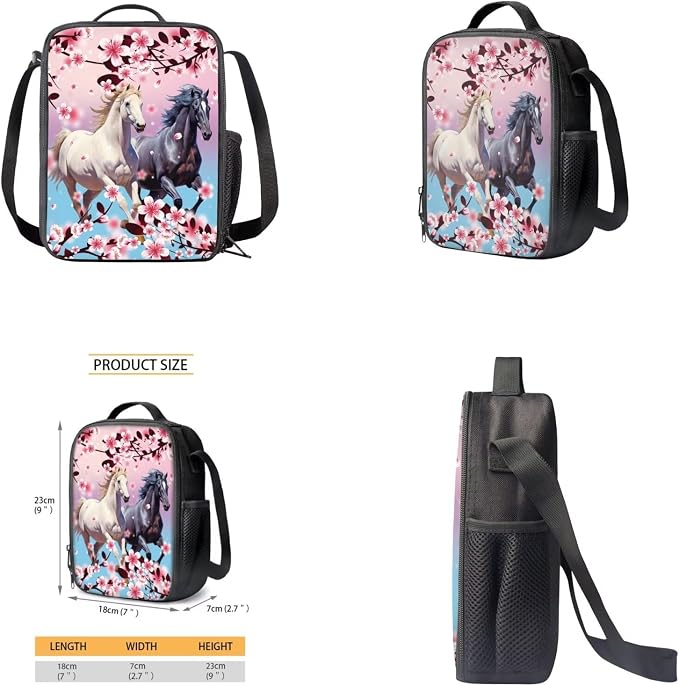 Cherry Blossom Horse Backpack for Girls Kids Backpack with Lunch Box Water Bottle Bag and Aesthetic Pencil Case 4PCS Set Bookbag with Front Pocket for School Teens 17 inch Sturdy School Bag - Image 4