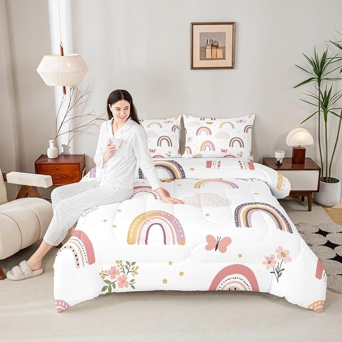 Erosebridal Rainbow Full Bedding Sets for Girls,Cartoon Butterfly Comforter Set Flower Floral Bedding Set for Kids Girls Children Women,Stars Hand Drawn Rainbow Bedding Comforters Kawaii Room Decor - Image 2