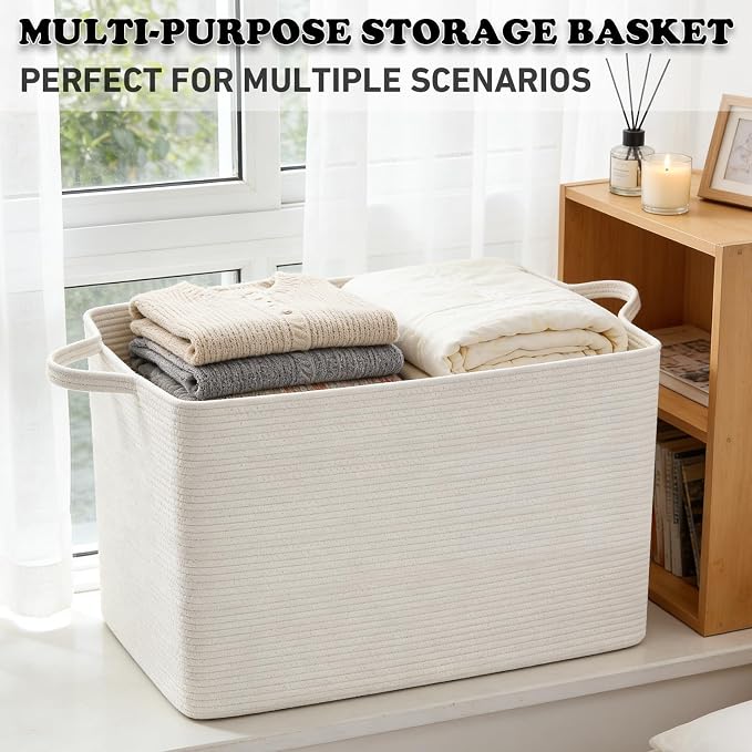 96L XXXLarge Woven Laundry Basket with Sturdy Handles - White | 24x16x15 Foldable Rectangular Blanket Basket for Toys, Clothes & Pillows,Ideal for Nursery, Bathroom, Bedroom, Living Room - Image 6