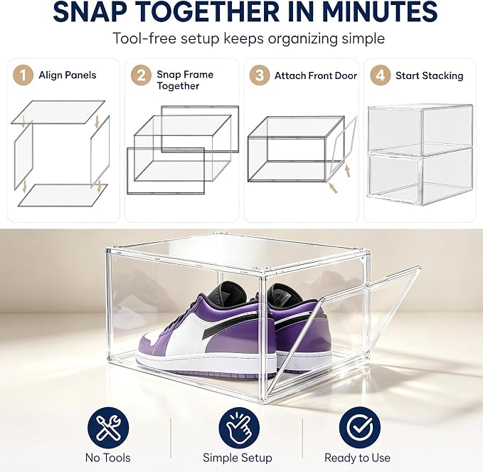 2 Pack Drop Front Shoe Boxes Acrylic Box Sneaker Case Size 12, Transparent Display Cases for Sneaker Collections, Baseball Caps, Hat Organizer Dust-free Shoe Cubbies Stackable Sneaker Boxes - Image 9