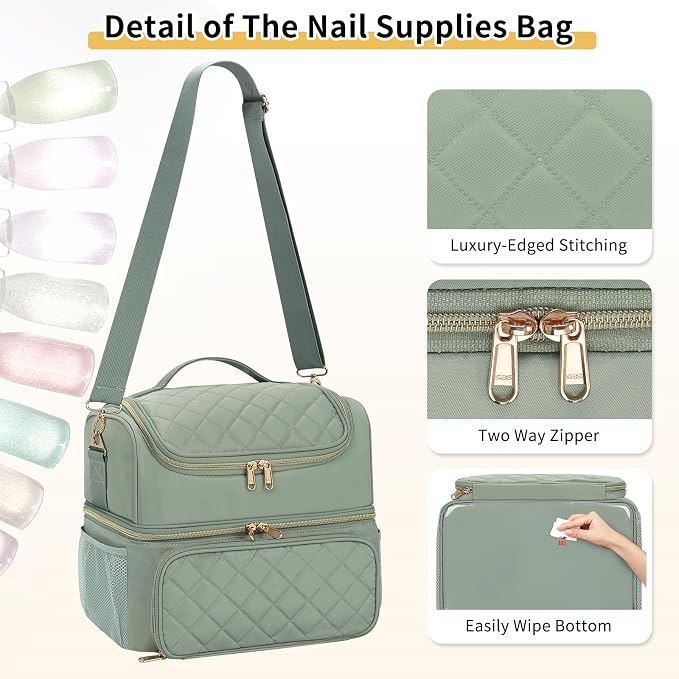 CUBETASTIC Nail Polish Organizer & Storage Bag for 48 Bottles & Full-Size Lamp, Double-Layer Travel Case Box for Nail Supplies, Manicure Kit & Pedicure Tools (Green, 48 Slots) - Image 5