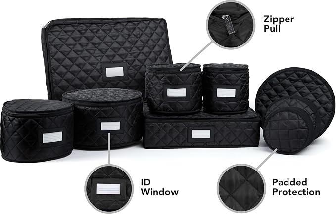 Covermates Keepsakes Dish Storage Set – Padded China & Dinnerware Storage Cases with Dividers, Cup & Stemware Storage, Quilted Polyester Protection, ID Window, Black - Image 5