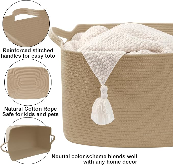 65L Collapsible Woven Rope Laundry Basket with Handles,Jute | 21x16x12 Foldable Rectangular Blanket Basket for Toys, Clothes & Pillows,Ideal for Nursery, Bathroom, Bedroom, Living Room - Image 3