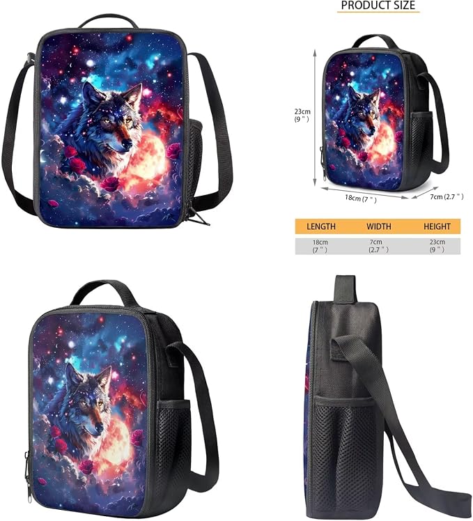 Galaxy Wolf Backpack for Girls Kids Backpack with Lunch Box Water Bottle Carrier and Aesthetic Pencil Case 4PCS Set Bookbag with Compartments for School 17 inch Large Capacity School Bag - Image 5