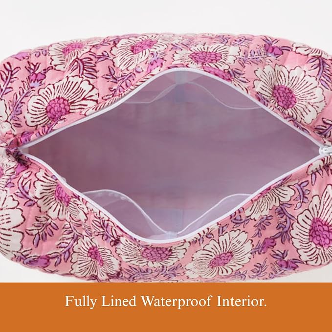 Saffron Marigold Quilted Makeup Bag Set of 3, Hand Block Printed Cotton Cosmetic Bags for Women, Waterproof Lined Travel Toiletry Bag, Coquette Floral Aesthetic, Handmade Gift, Lavendar & Rose Milk - Image 4