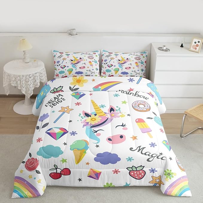 Unicorn Comforter Set For Kids, Strawberry Cherry Bedding Set Fantasy Rainbow Duvet Insert For Girls Boys Children Bedroom Decor, Cartoon Animal Dessert Duvet Sets With 2 Pillow Cases, Queen Size - Image 3