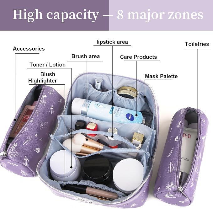 BOYATU Travel Makeup Bag Cosmetic Bags for Women: 3 Pcs Set Portable Make up Bag with Handle - PU Leather Toiletry Bags with Compartments - Makeup Organizer for Travel Essentials(L-3-Purple) - Image 5