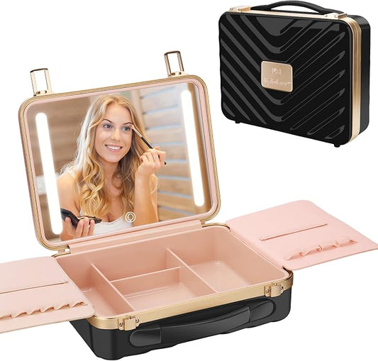 Kalolary Travel Makeup Train Cases with Lighted Mirror 3 Color Setting | Makeup Bag Cosmetic Case Organizer Adjustable Brightness Portable Makeup Storage Box For Makeup Brushes Accessories,Black by Kalolary