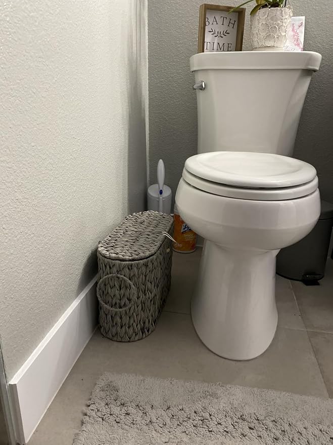 Coeusy Toilet Paper Storage Basket with Lid,Wicker Toilet Paper Holder Stand,Narrow Decorative Woven Bathroom Basket Organizer,Free Standing Grey - Image 2