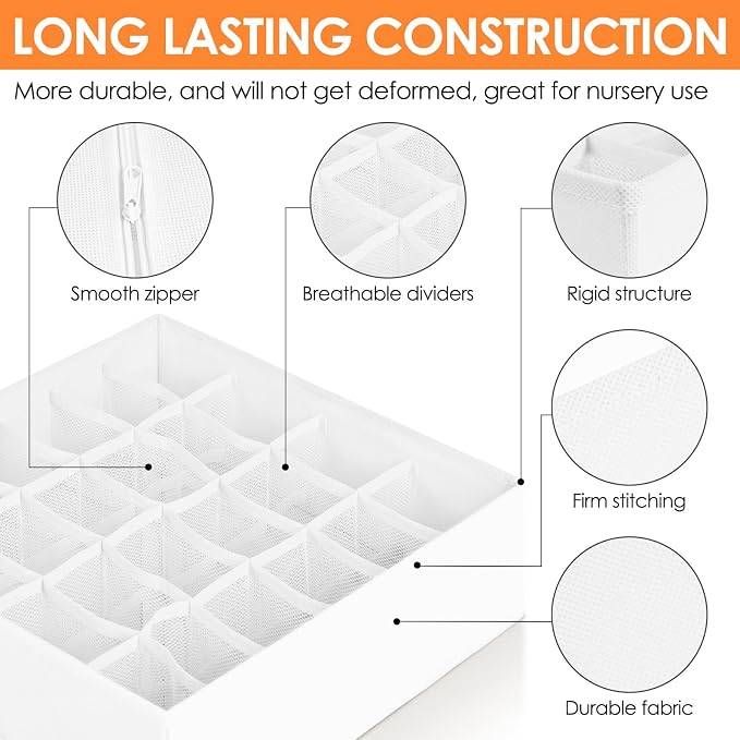 6 Pack Sock Underwear Drawer Organizer Dividers, 58 Cell Foldable Fabric Dresser Closet Organizers and Storage Bins for Clothing, Baby Clothes, Bra, Panty, Scarf, Ties (White) - Image 5
