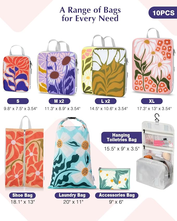 Gonex Compression Packing Cubes, 10pcs Expandable Storage Travel Luggage Bags Organizers with Hanging Toiletry Bag Laundry Bag Shoe Bag Accessories Bag, Travel Cubes for Suitcase Carry On (Flowers) - Image 2