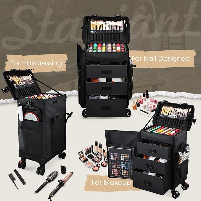 Stagiant Rolling Makeup Case 4 in 1 Soft Sided Professional Cosmetology Case on Wheels Freelance Makeup Artist Nylon Cosmetic Organize Storage Nail Technician Hair Stylist 3 Drawers Black - Image 3