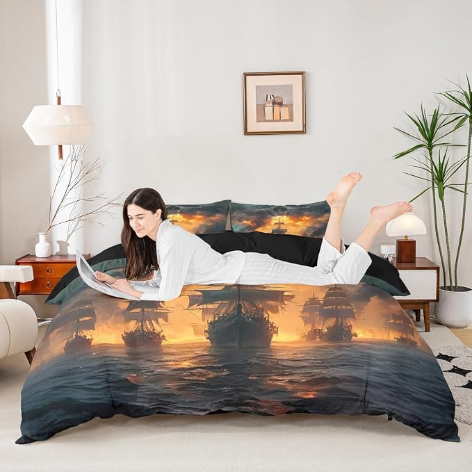 Erosebridal Pirate Comforter Set Twin Sailboat Duvet Cover Nautical Ocean Theme Boys Teen Bedding Comforter Cover Cool Style Adult Bedding Set Wave Pattern Printed Decor Bedspread for Men Women - Image 2
